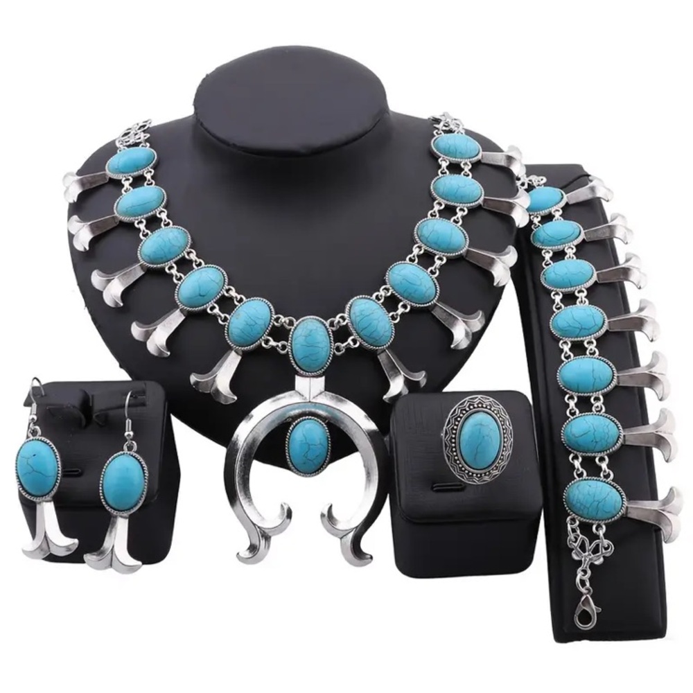Silver-Tone Turquoise Statement Necklace Set - Women Jewelry